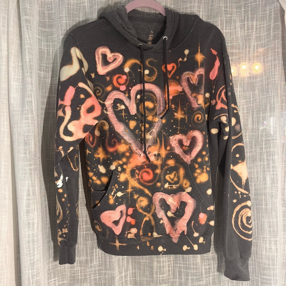 Custom Grey Hoodie With Yellow Sparkles and Pink Heart Painted Sweatshirt Small